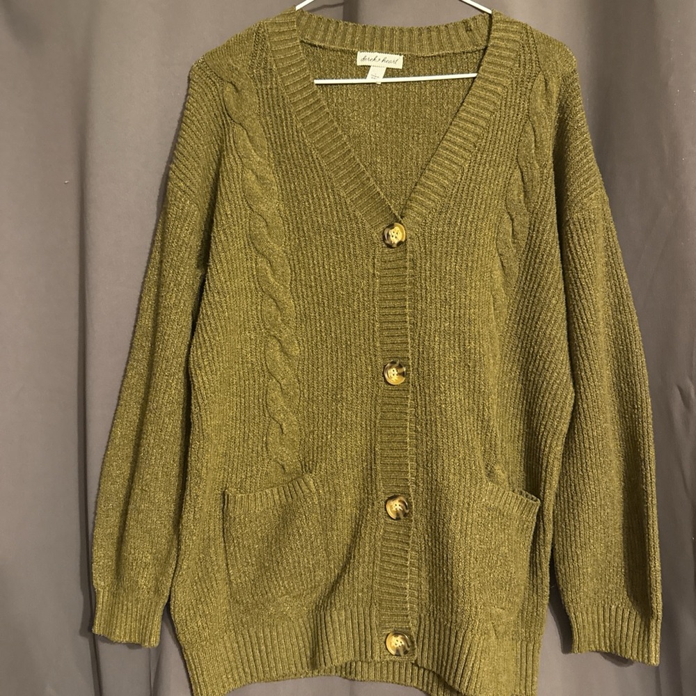 Derek Heart Olive Green Cable-Trim Button-Up Cardigan
